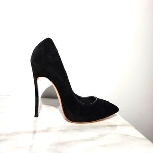 URA EVA - Made In Italy Black Suede Heels, Size 38  Sleek Black High Heel Pumps